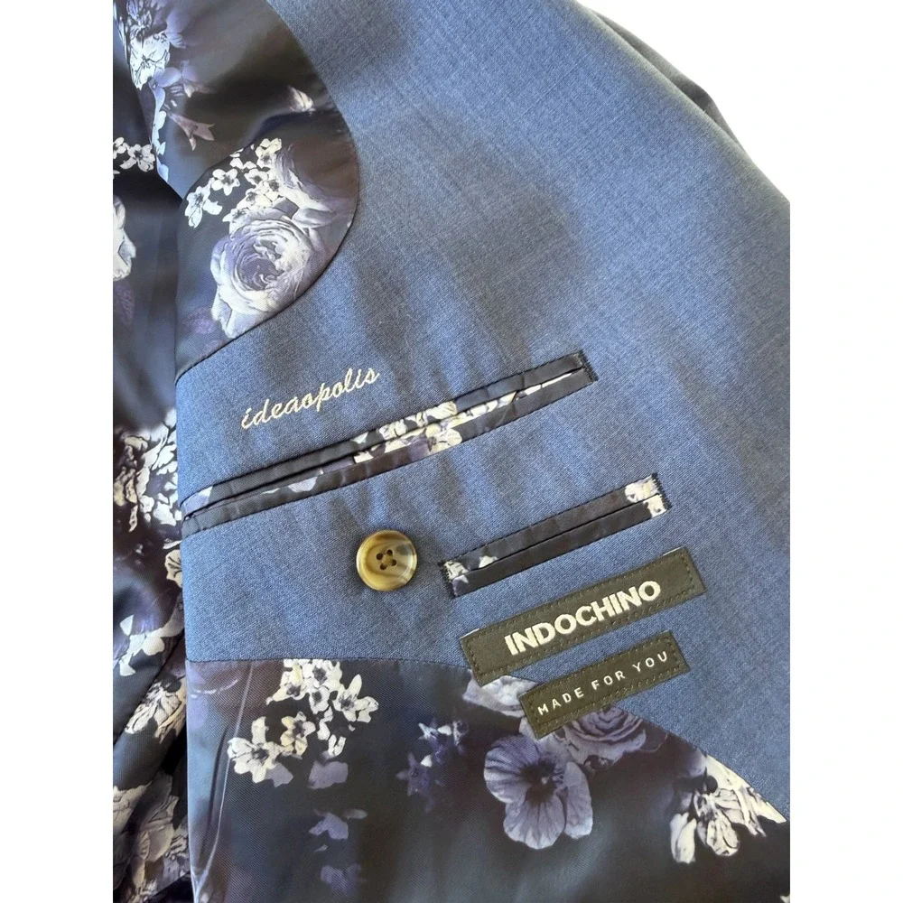 Indochino Mens Hemsworth Blue Blazer Jacket Custom Floral Lining‎ 100% Wool